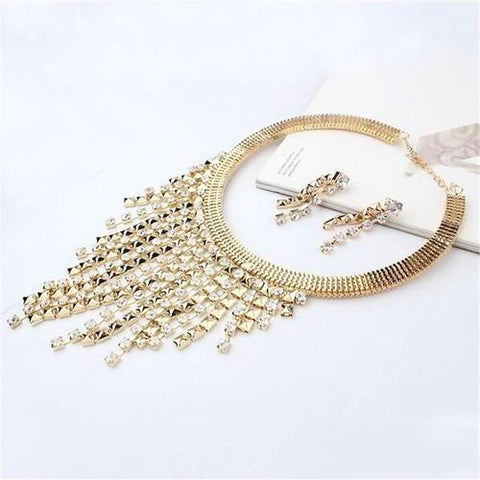 Gold-plated rhinestone necklace & earrings jewelry set